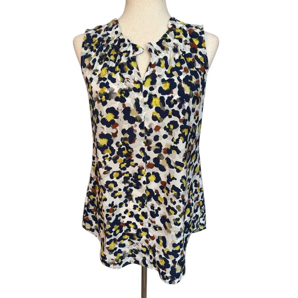 CAbi Seeing Spots Fierce White Yellow Blue Style # 5222 Sleeveless Blouse Small